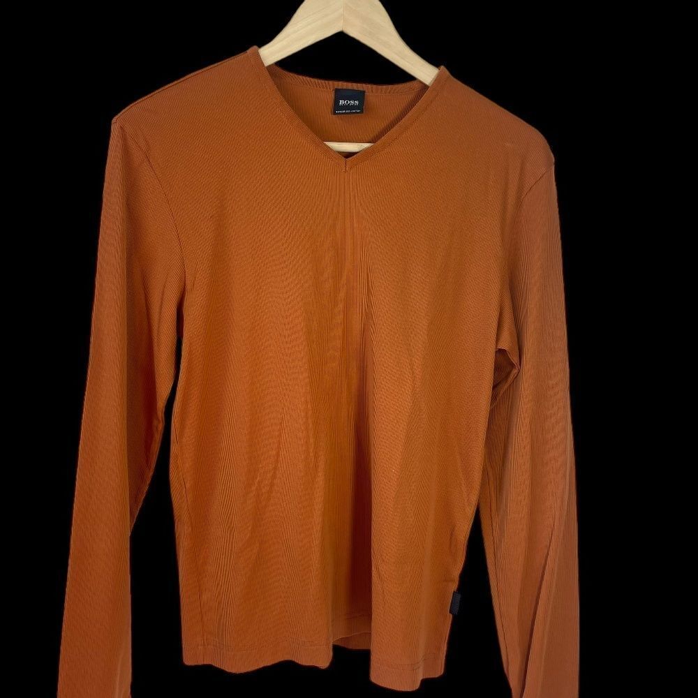 BOSS Hugo Boss Rust Ribbed Long Sleeve Cotton Fitted Pullover V Neck Top…
